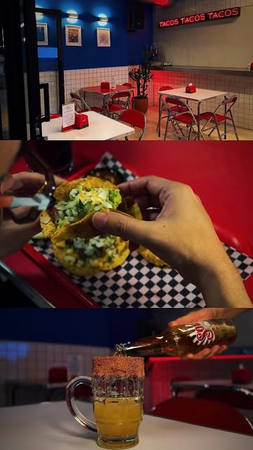 Collage de la noche en Coyote: mesas, tacos y cerveza